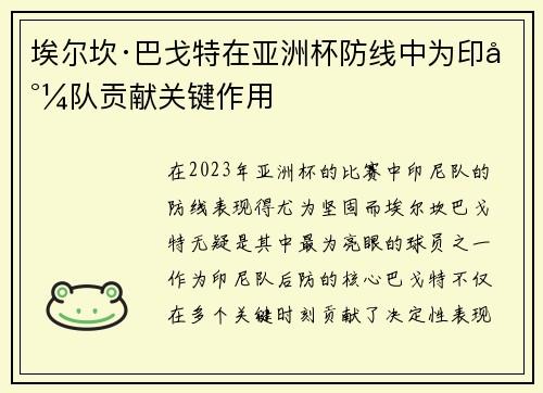 埃尔坎·巴戈特在亚洲杯防线中为印尼队贡献关键作用 埃尔坎·巴戈特在亚洲杯防线中为印尼队贡献关键作用